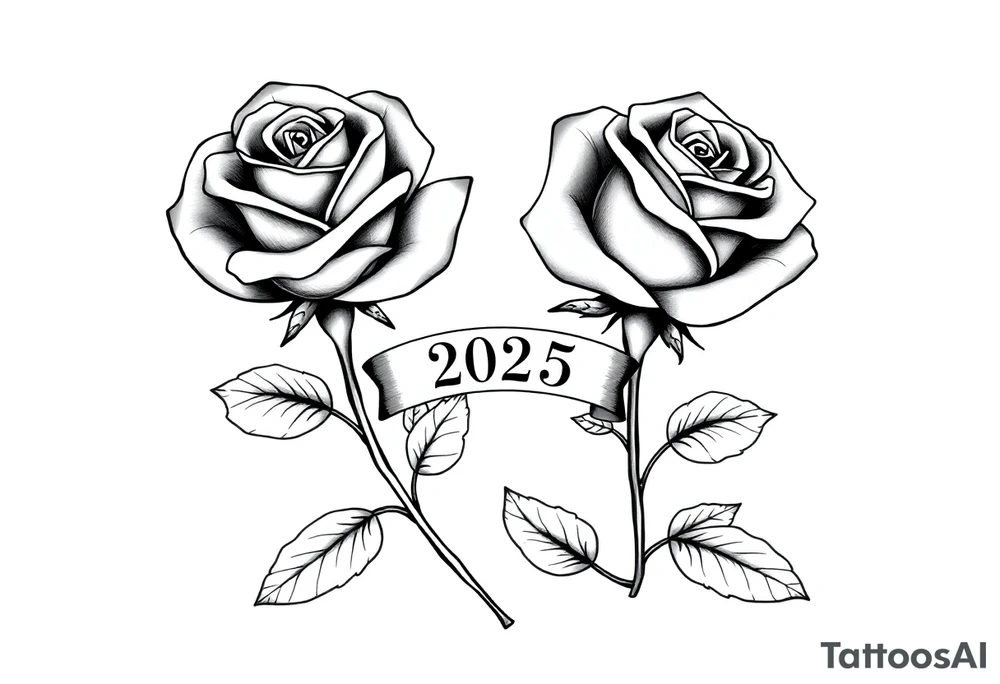 two beautiful large rose buds, one larger than the other, with many leaves next to the rose buds, with one sitting higher than the other. Include a banner connecting the two roses with the year "2025" on it.   Use dark outlines with little shading. The two stems should be short, not long, and connect and join into one stem, whimsically curved or twisted - not straight down. tattoo idea