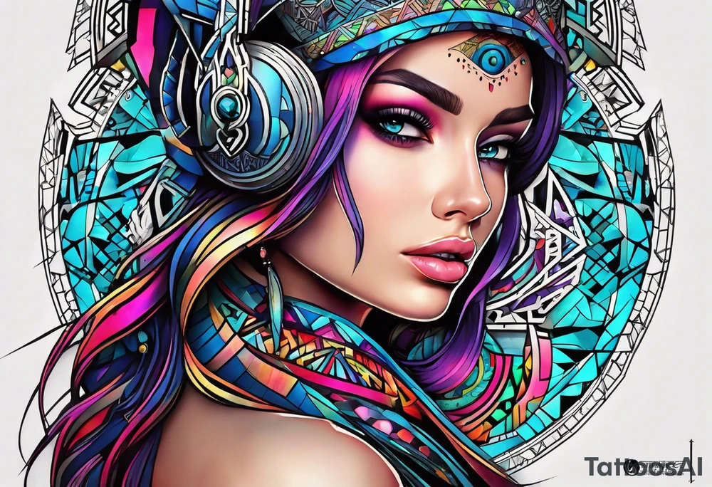 A tattoo design featuring geometric patterns and symbols inspired by psytrance and techno music, creating a unique and futuristic look. tattoo idea