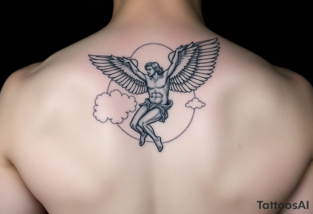 Icarus falling from the sky with clouds around him tattoo idea