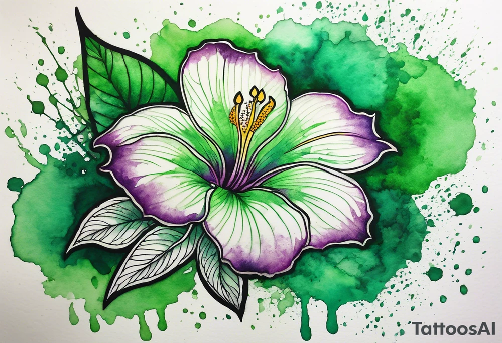 A mystical outline of a green rio dipladenia flower and a green/purple watercolor splatter in the background tattoo idea