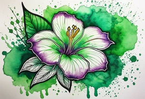 A mystical outline of a green rio dipladenia flower and a green/purple watercolor splatter in the background tattoo idea