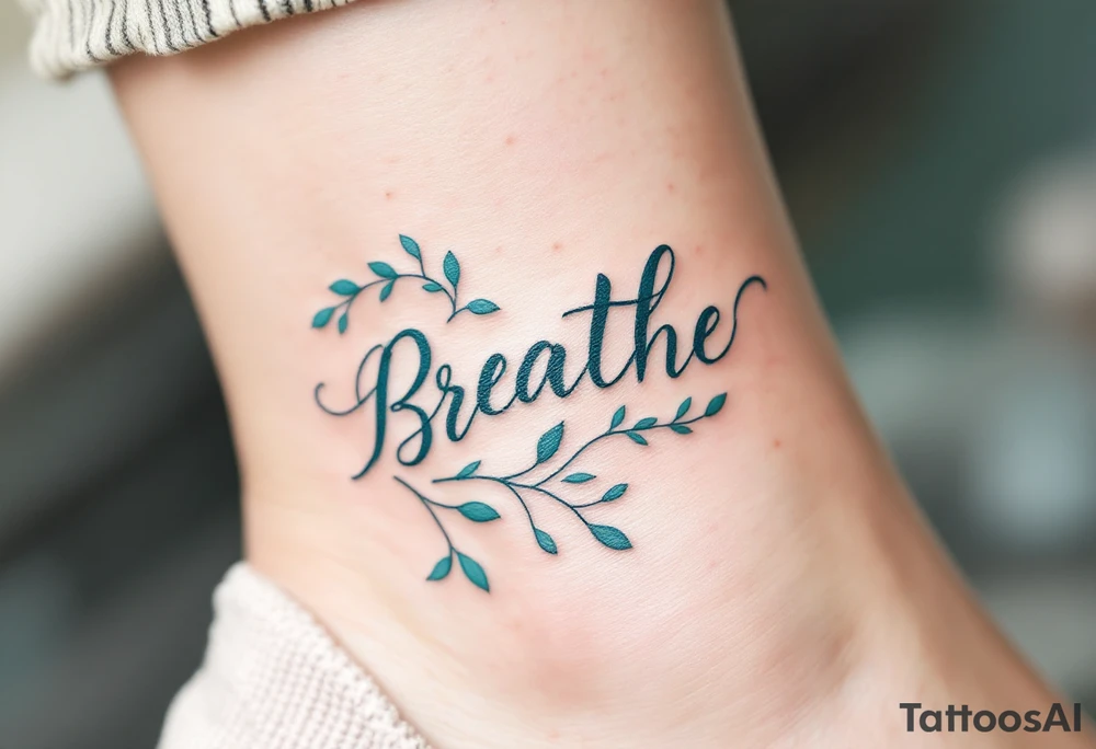 “Breathe” in soft teal brushstroke style, surrounded by minimalist wind lines in light gray. tattoo idea
