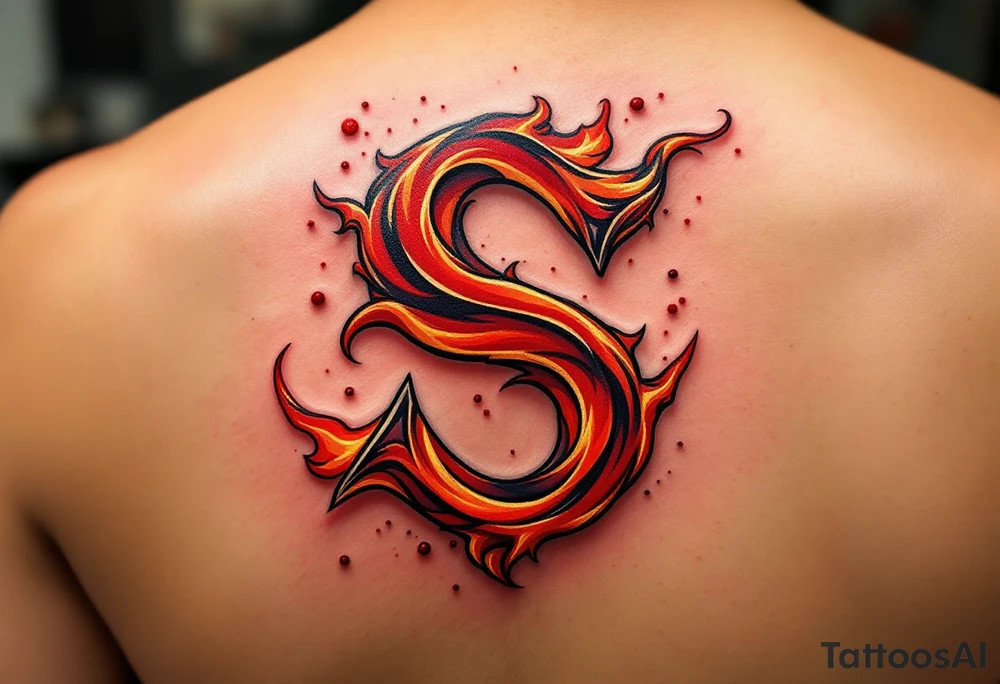 A fiery red and orange "S" resembling dancing flames, with slight smoke effects. tattoo idea