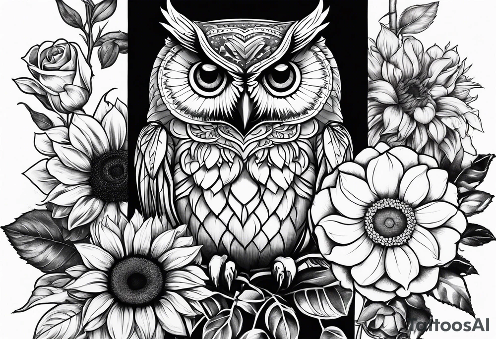 Sunflower and rose flower, owl tattoo idea