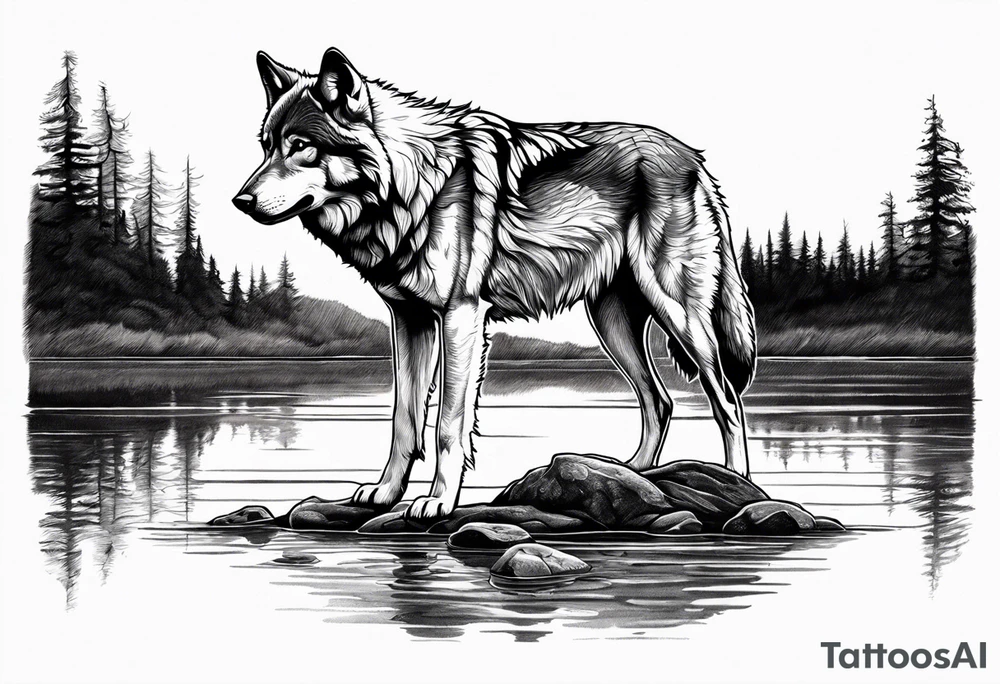 adult wolf standing alone at edge of water seeing a wolf pup as his reflection tattoo idea