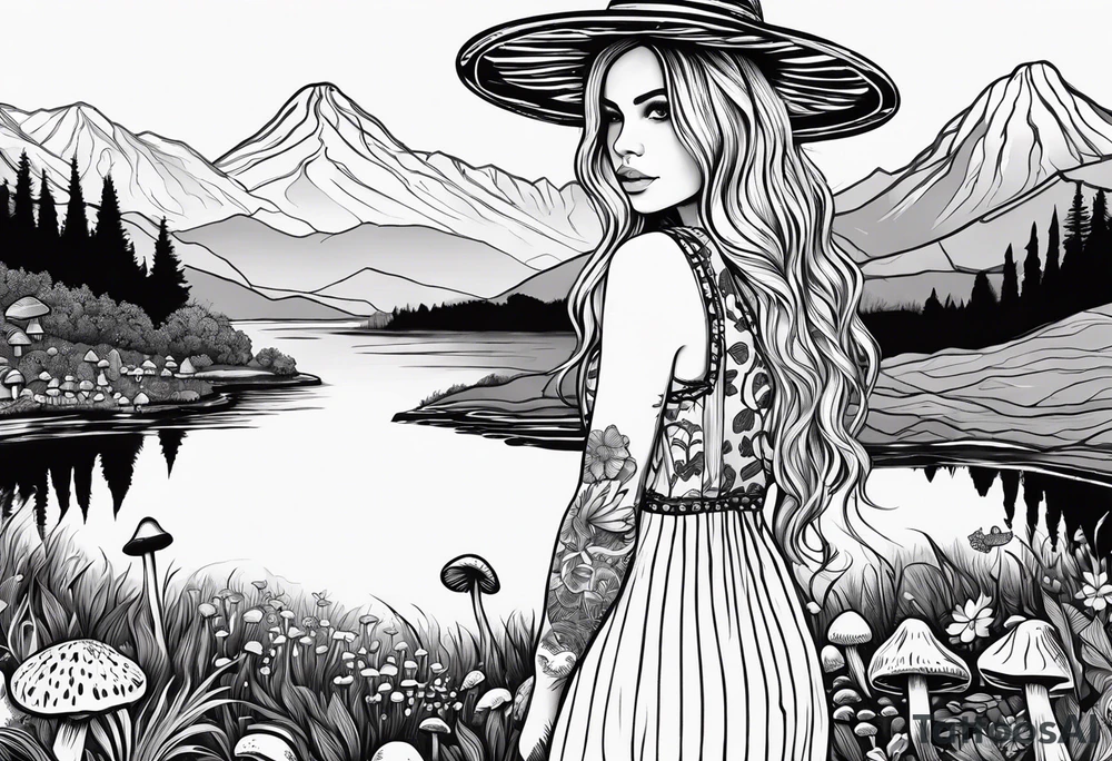 Straight long blonde hair hippie girl in distance holding mushrooms in hand facing away toward mountains and creek surrounded by mushrooms black and white striped dress tattoo idea