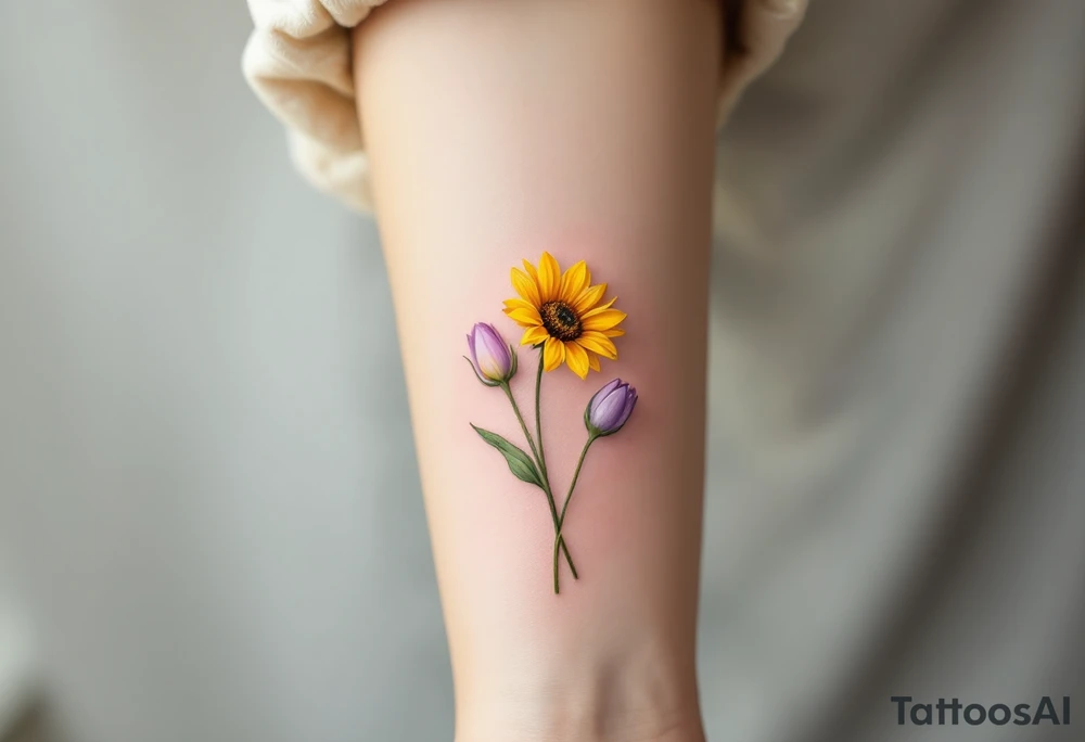 small yellow sunflowers and sunflower buds and pale purple tulip buds in a dainty wildflower bouquet with light green stems. Low detail. tattoo idea