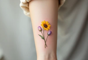 small yellow sunflowers and sunflower buds and pale purple tulip buds in a dainty wildflower bouquet with light green stems. Low detail. tattoo idea