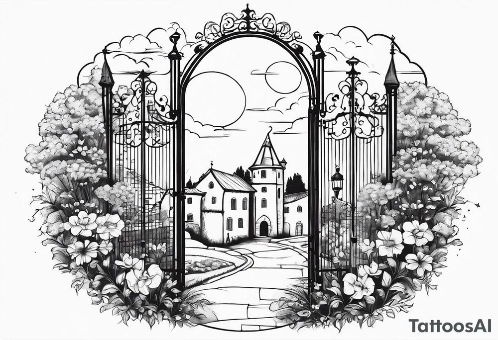 night medieval town garden gate entrance 
 in circle vignette surrounded by clouds floral tattoo idea