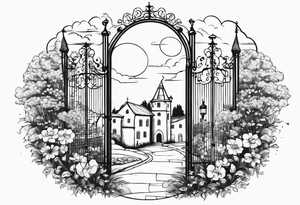 night medieval town garden gate entrance 
 in circle vignette surrounded by clouds floral tattoo idea