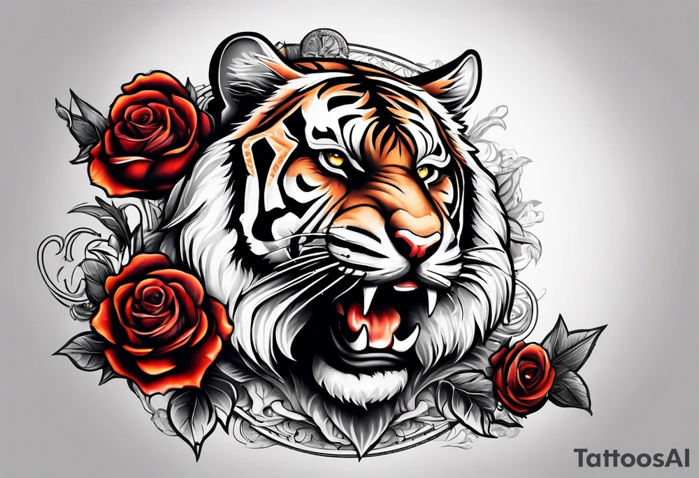 A tiger with crown and smoke rose times clocks tattoo idea