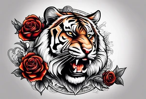 A tiger with crown and smoke rose times clocks tattoo idea
