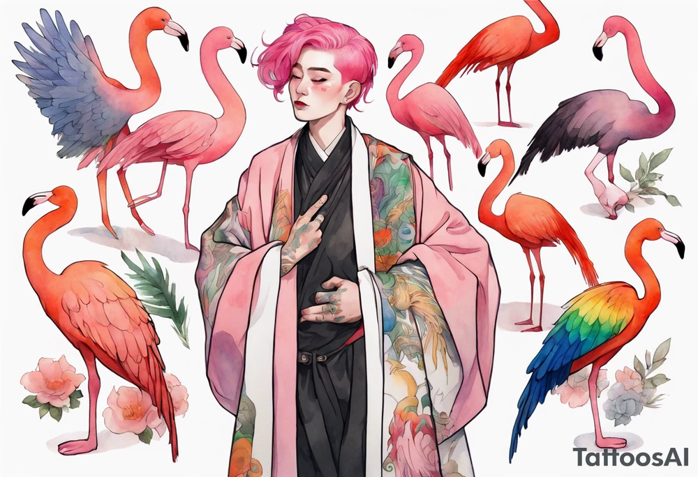 a nonbinary person with pink hair wearing a rainbow medieval robe standing next to a flamingo tattoo idea