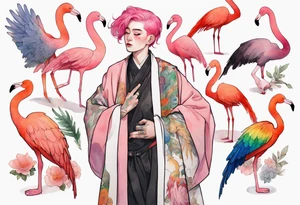 a nonbinary person with pink hair wearing a rainbow medieval robe standing next to a flamingo tattoo idea