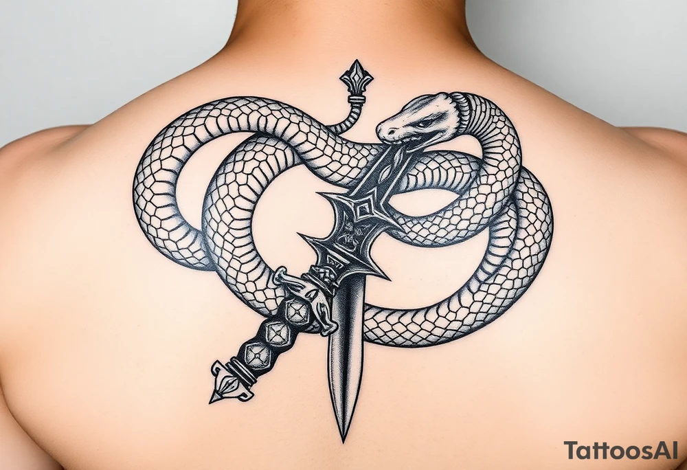 mystical snake coiled around an ancient dagger with jeweled hilt tattoo idea