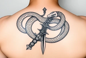 mystical snake coiled around an ancient dagger with jeweled hilt tattoo idea