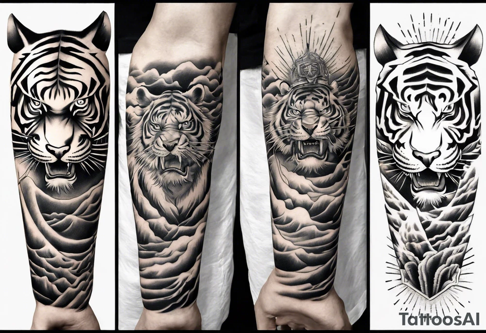 Tiger Warrior sleeve tattoo with lightning and the sun
Forearm sleeve tattoo idea