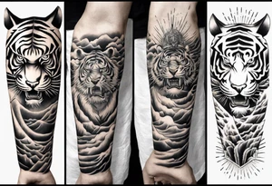 Tiger Warrior sleeve tattoo with lightning and the sun
Forearm sleeve tattoo idea