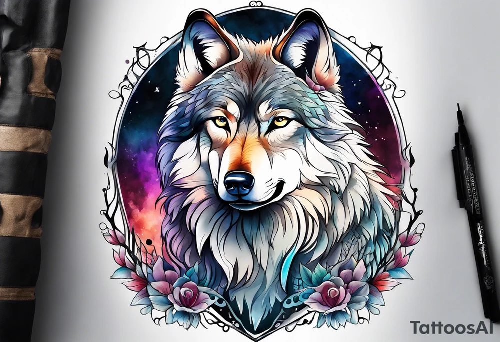 Fluffy wolf sitting upright facing forwards tattoo idea