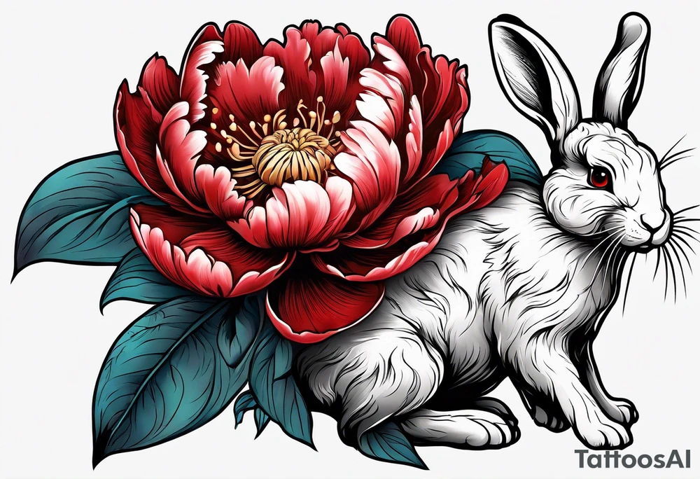 Red peony with small rabbit on a petal tattoo idea