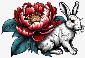 Red peony with small rabbit on a petal tattoo idea