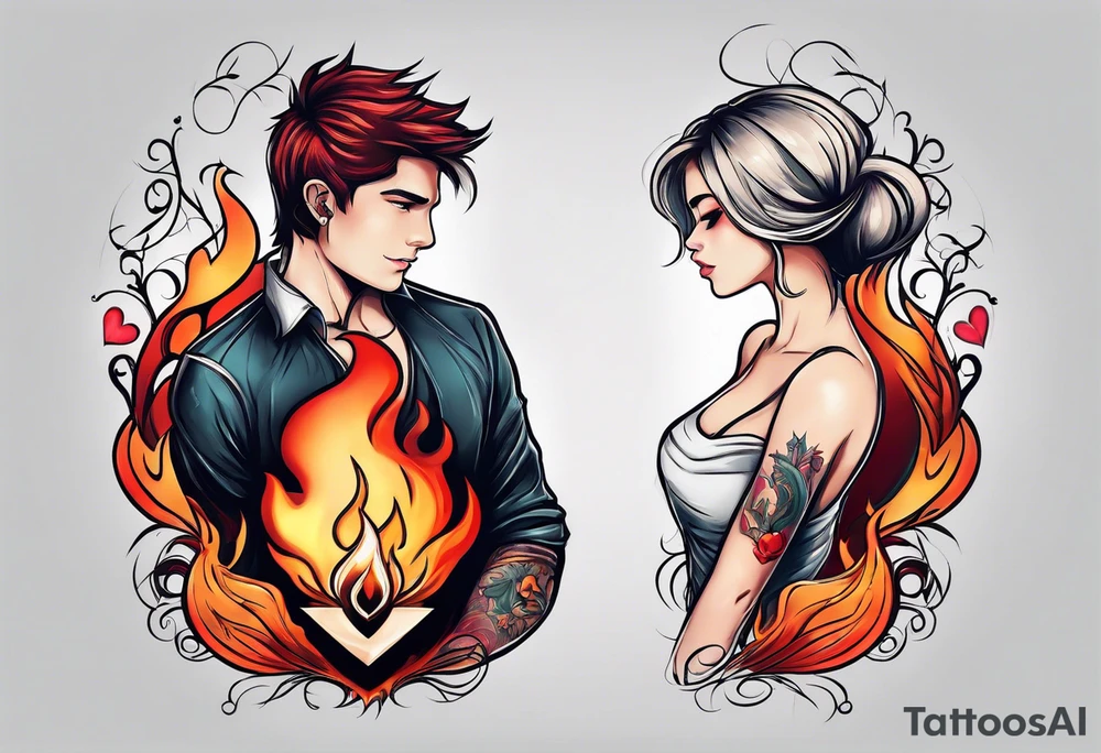 In thiele sfumato. A girl with an empty heart and a guy with a burning heart. They stand back to back tattoo idea
