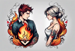 In thiele sfumato. A girl with an empty heart and a guy with a burning heart. They stand back to back tattoo idea