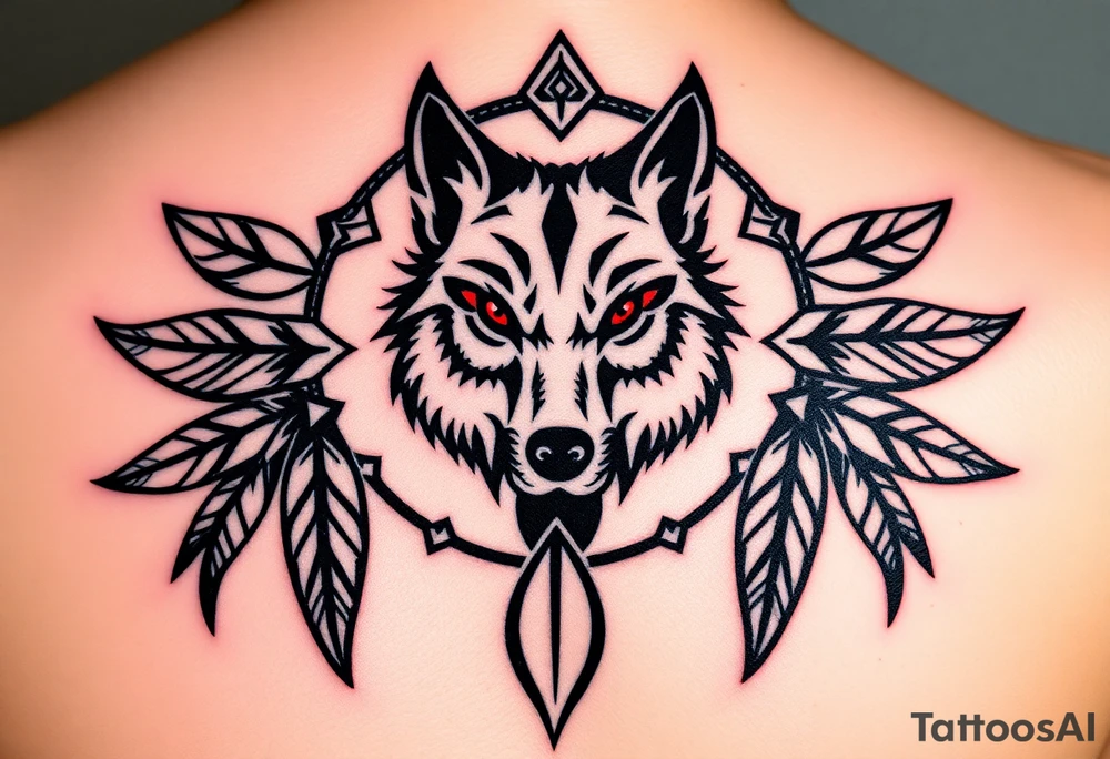 A symmetrical tribal wolf head inside a dreamcatcher, with feather patterns forming geometric shapes around it. The design is rendered in black ink with accents of red for the eyes and white in the feathers tattoo idea