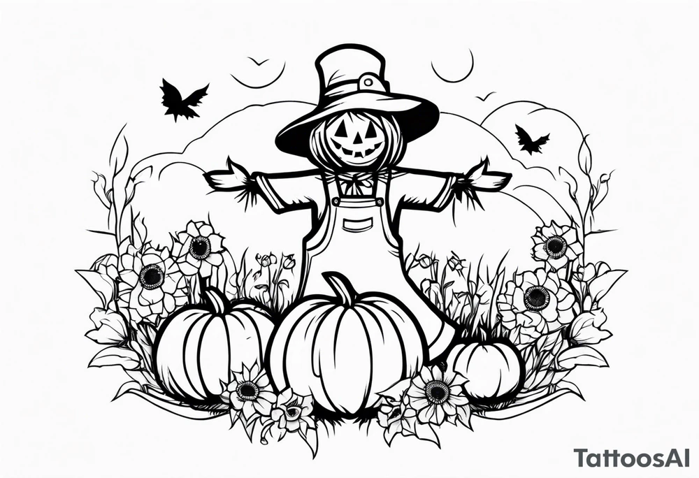 friendly scarecrow with pumpkins and flowers tattoo idea