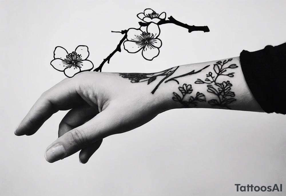 i have a human hand pointing at a skeleton hand tattoo on my left shoulder, the human hand is on the left and ends 3 cm into the wrist of the hand, i want a cherry blossom branch to sprout out of the wrist on the tattoo, then travel down to my arm and wrap around my bicep once, this bit can be floral, then it needs to narrow down and fit through a 7 cm gap in on my forearm then eventually ending in a 10 cm gap on my wrist, this gap can be filled with more blossom flora, this tattoo needs to go all the way down my arm so it needs to be long, the tattoo will start at my shoulder and go all the way down my arm tattoo idea