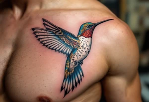 A hummingbird with ancient Egyptian script woven into its feathers(only red , blue and black are possible colors) tattoo idea