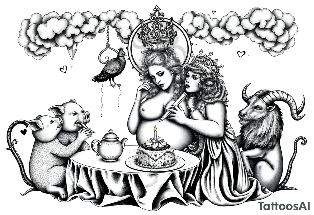 Storm clouds gothic naked fat lady having a tea party with tea pots and 
with a pig, peacock, noose, lion, goat, smoking cigerettes looking in the mirror having sex with a man eating a cake thru storm clouds with knife and broken hearts and darkness and wrath, envy , gluttony, greed, sloth, pride kill tattoo idea