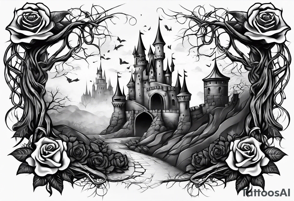 tattoo fool sleeve, destroyed dark gothic castle, tree roots break out of the chains, broken mask, roses tattoo idea