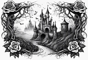 tattoo fool sleeve, destroyed dark gothic castle, tree roots break out of the chains, broken mask, roses tattoo idea