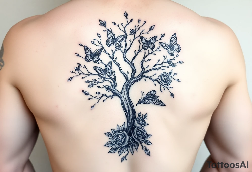 a poisoned tree with butterflies and roses around it and a semicolon somewhere in there on the thigh tattoo idea