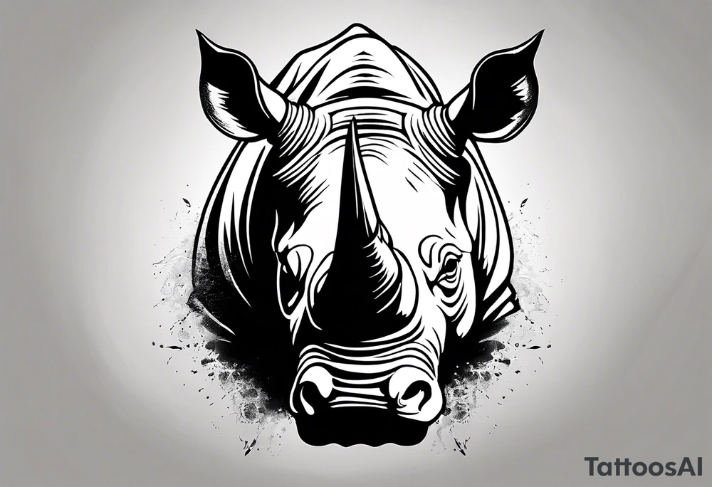 A front-facing rhino head with a sharp elongated tusk that is angry and fierce. Ears pointed straight up and forward a bit. Eyes that pierce your soul. A snarling jowel tattoo idea