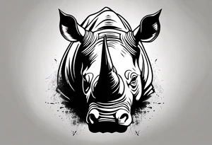 A front-facing rhino head with a sharp elongated tusk that is angry and fierce. Ears pointed straight up and forward a bit. Eyes that pierce your soul. A snarling jowel tattoo idea