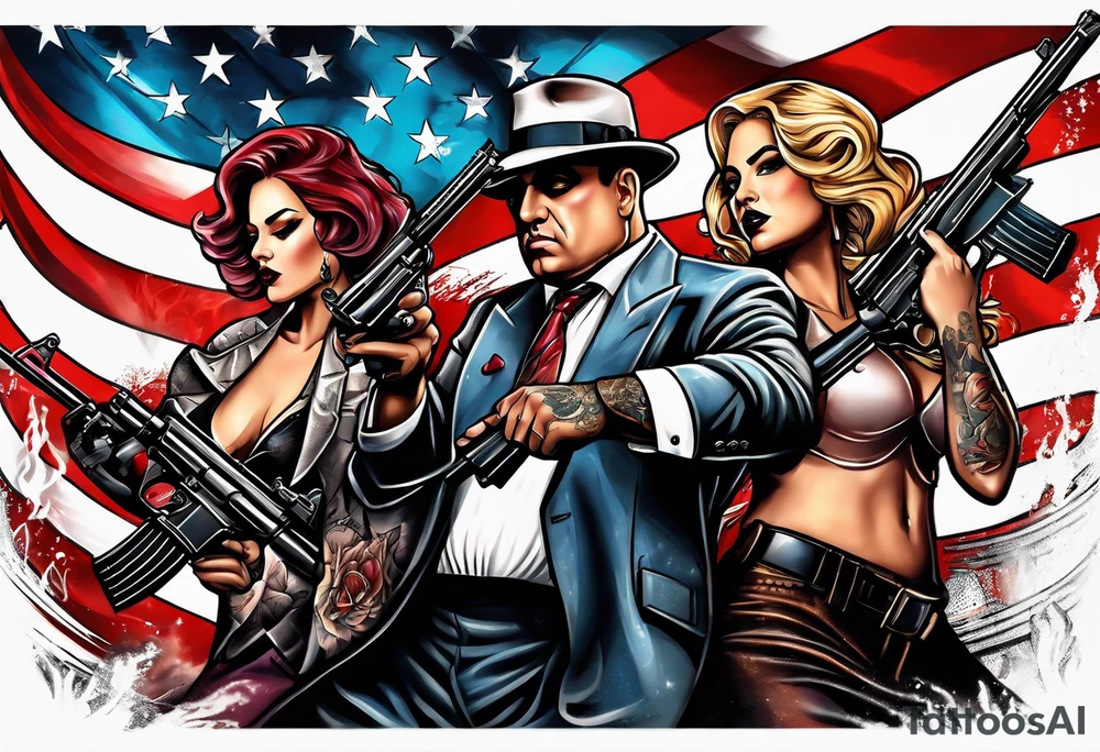 capone style gangsters battling with machine guns against a dark flame background 
american flag and sexy women tattoo idea