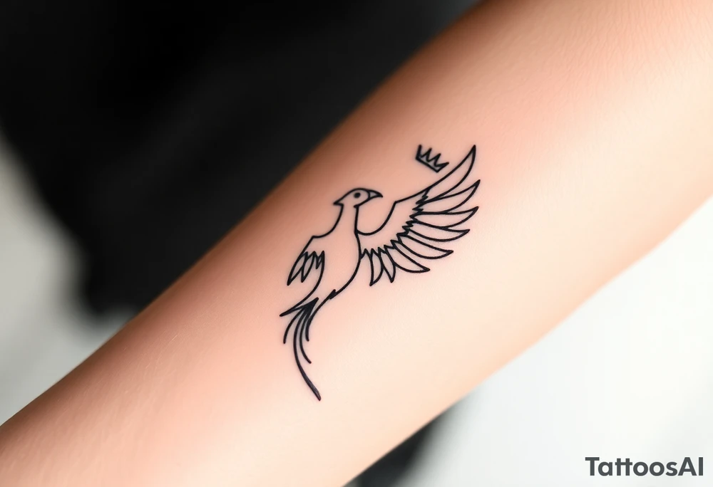 Minimal phoenix and crown fine lines tattoo idea