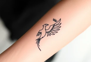 Minimal phoenix and crown fine lines tattoo idea