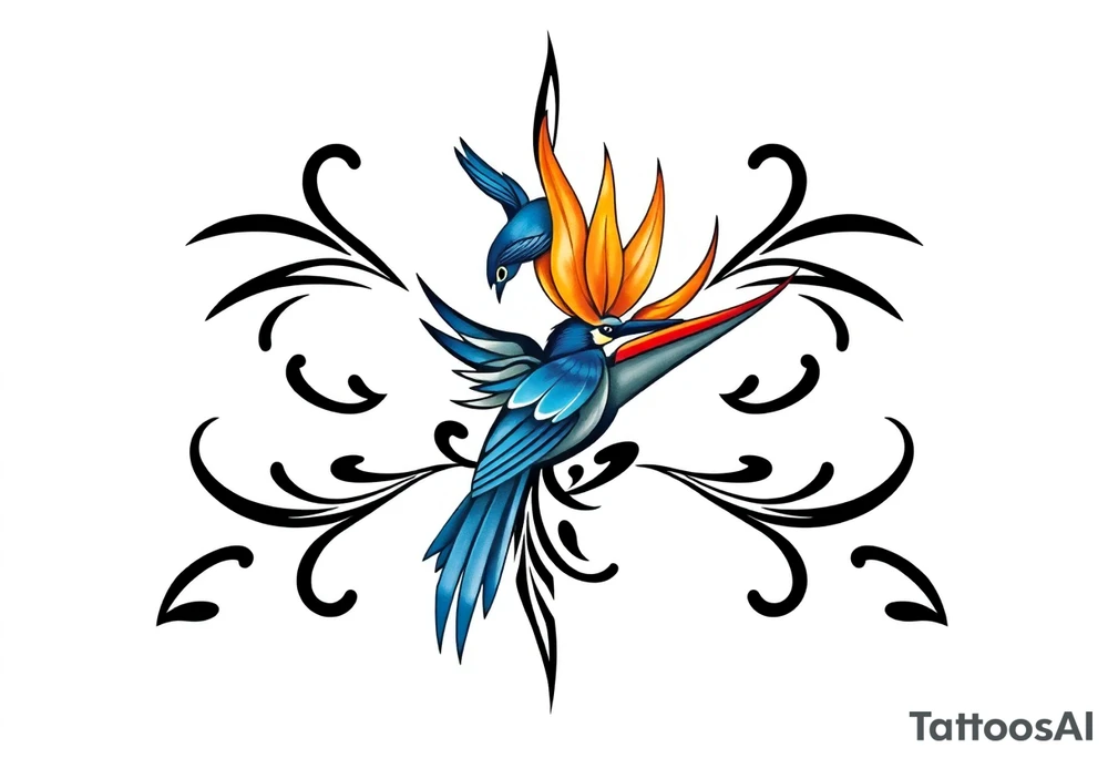 Bird of paradise flower with blue bird tattoo idea
