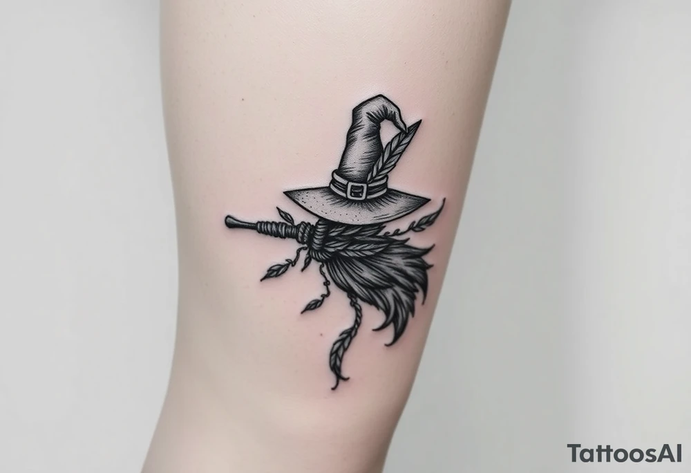 Which is broom with handle
 a witches hat with vines and feathers 
Smaller broom with hat placed on top or in the middle
Feminine and on a leg tattoo idea