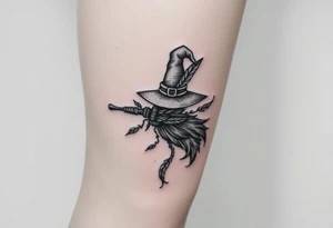 Which is broom with handle
 a witches hat with vines and feathers 
Smaller broom with hat placed on top or in the middle
Feminine and on a leg tattoo idea