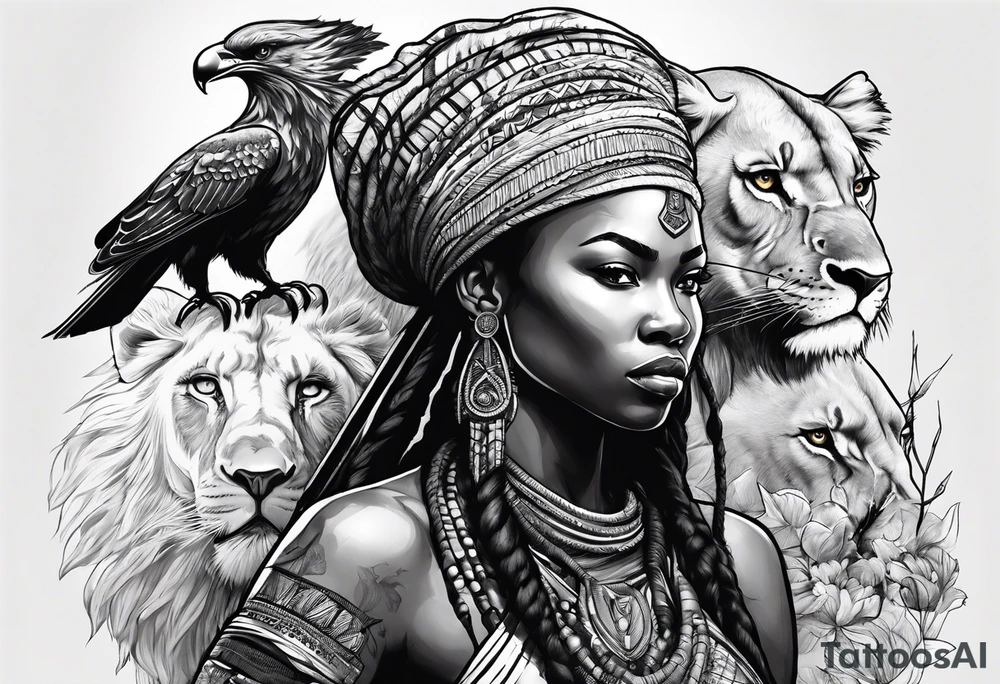 African woman warrior holding a spear with birds and lion in the background tattoo idea