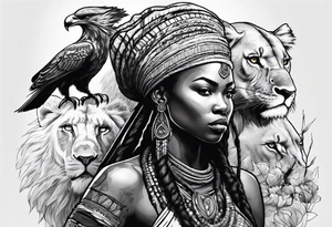 African woman warrior holding a spear with birds and lion in the background tattoo idea