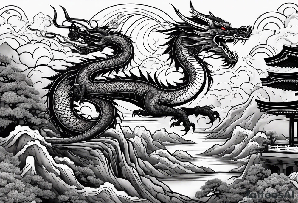 make a dragon with red sun, some japanese car and bonsai tattoo idea