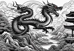 make a dragon with red sun, some japanese car and bonsai tattoo idea
