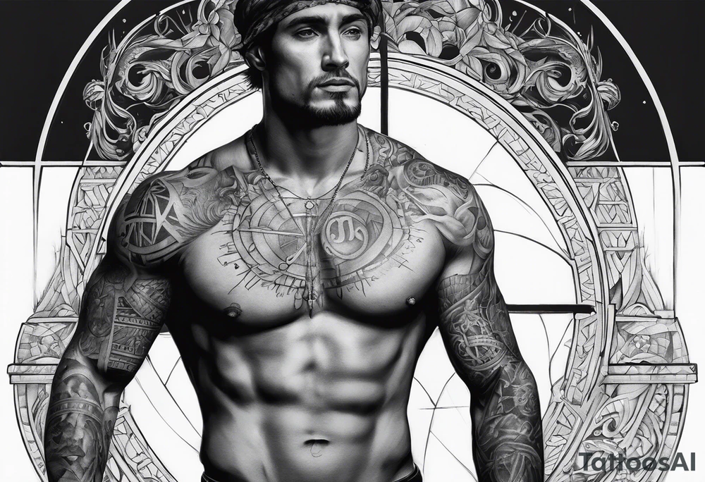 Crucified man in rom
an numerals circle in arm tattoo idea