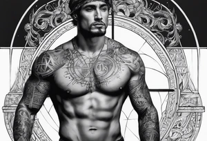 Crucified man in rom
an numerals circle in arm tattoo idea