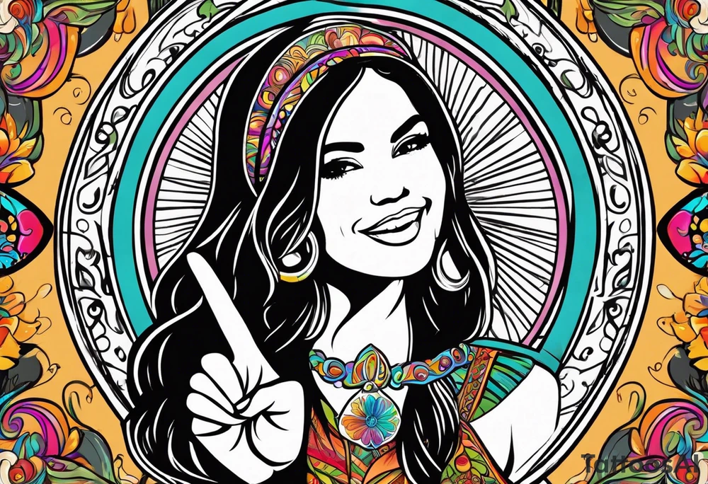 Groovy Coffee shop logo with hippie girl holding a peace sign on hand, peace sign on coffee mug tattoo idea